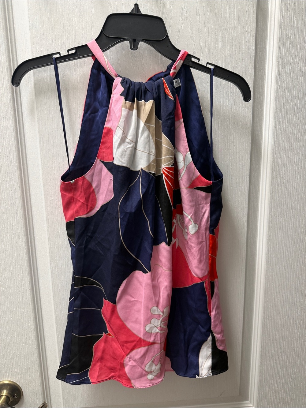 Trina Turk Navy Floral Halter Shell Top with Pink & Red Blooms